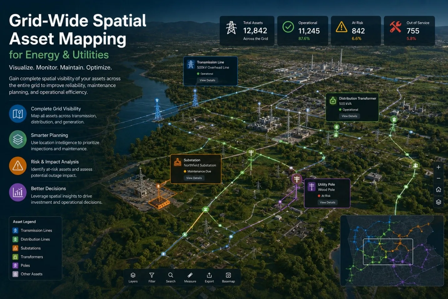 Grid-wide linear asset mapping interface linking power generation equipment records to local GIS maps